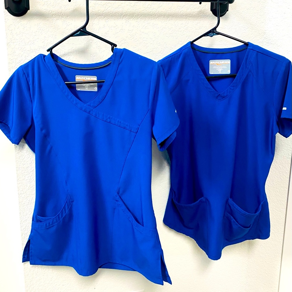 Two Sketchers royal blue scrub tops